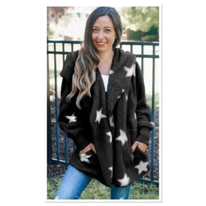 Hooded Star Print Fleece Jacket Oversized Relaxed Fit With Pockets NWT